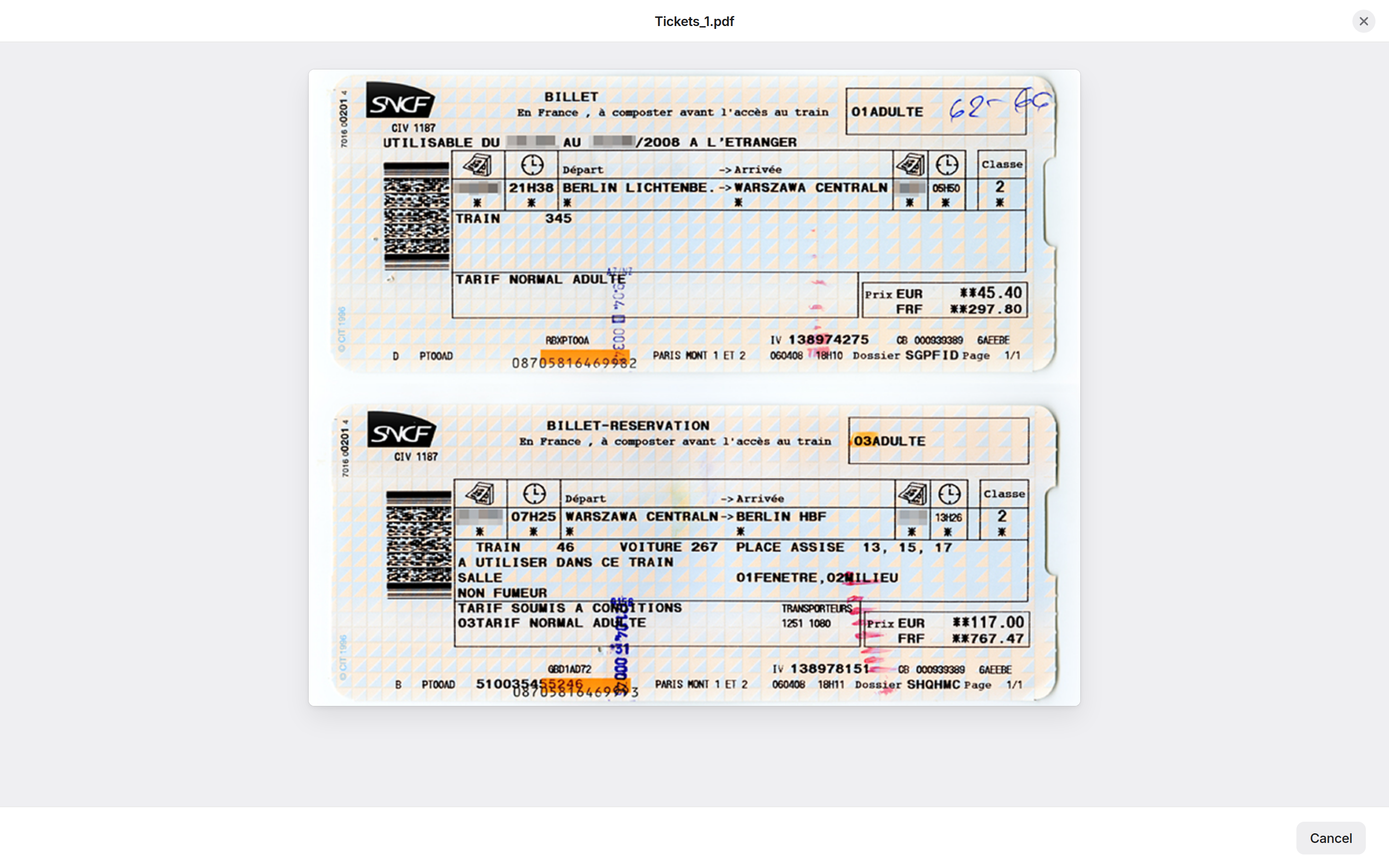 A legacy viewer for scanned tickets, with only a Cancel action