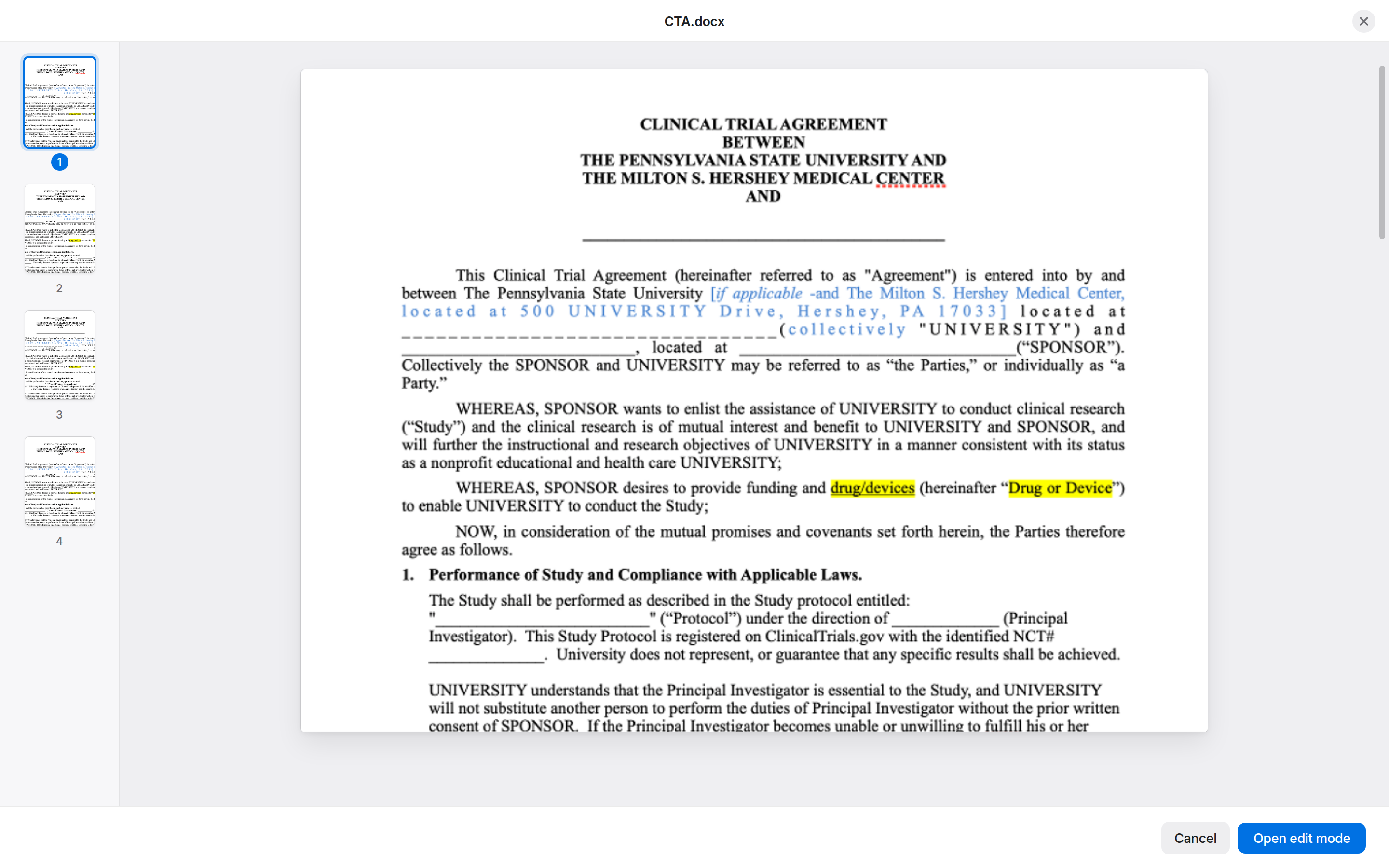 A legacy .docx viewer with an Open edit mode action