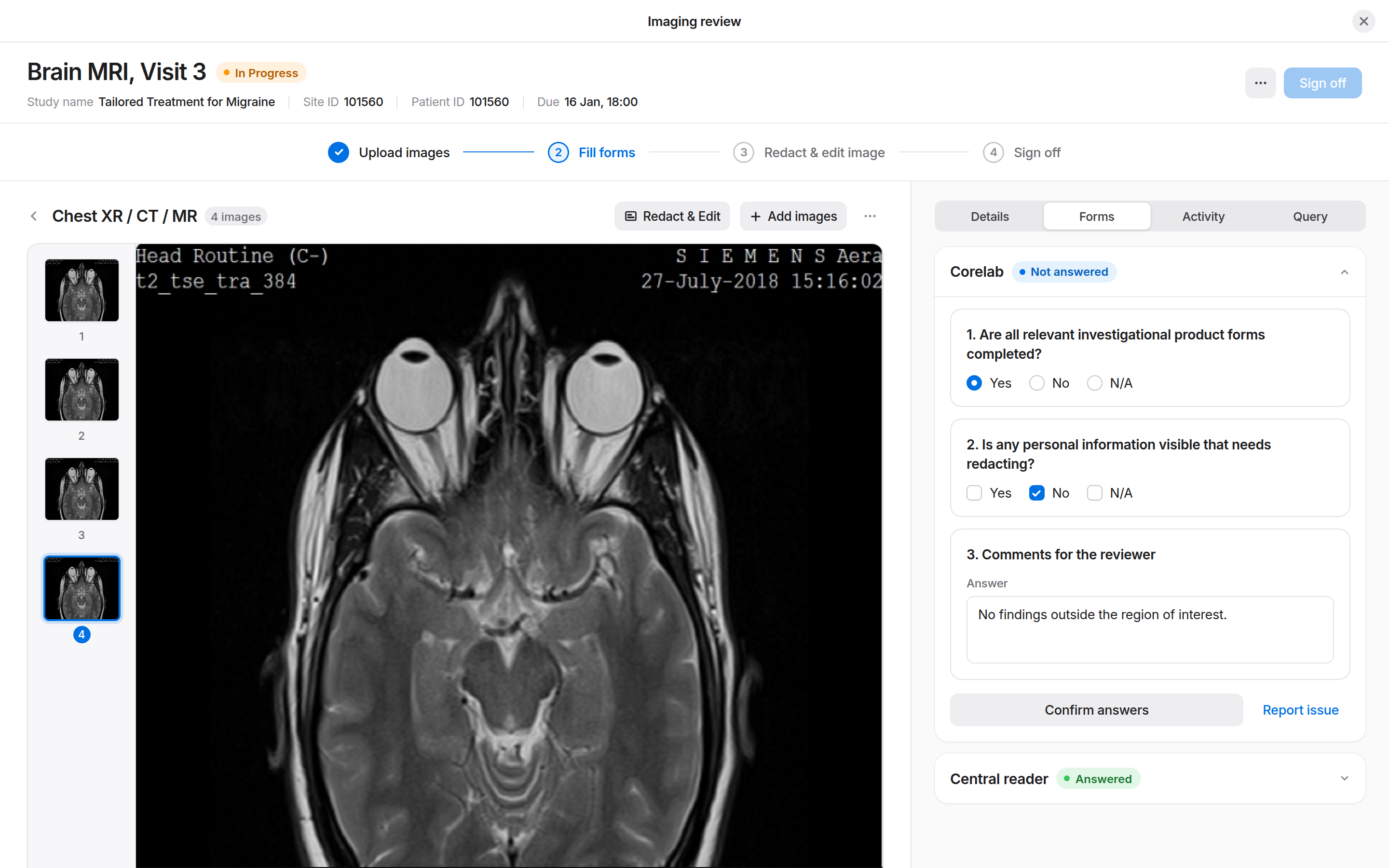 A legacy medical-imaging viewer with a sign-off flow and side forms