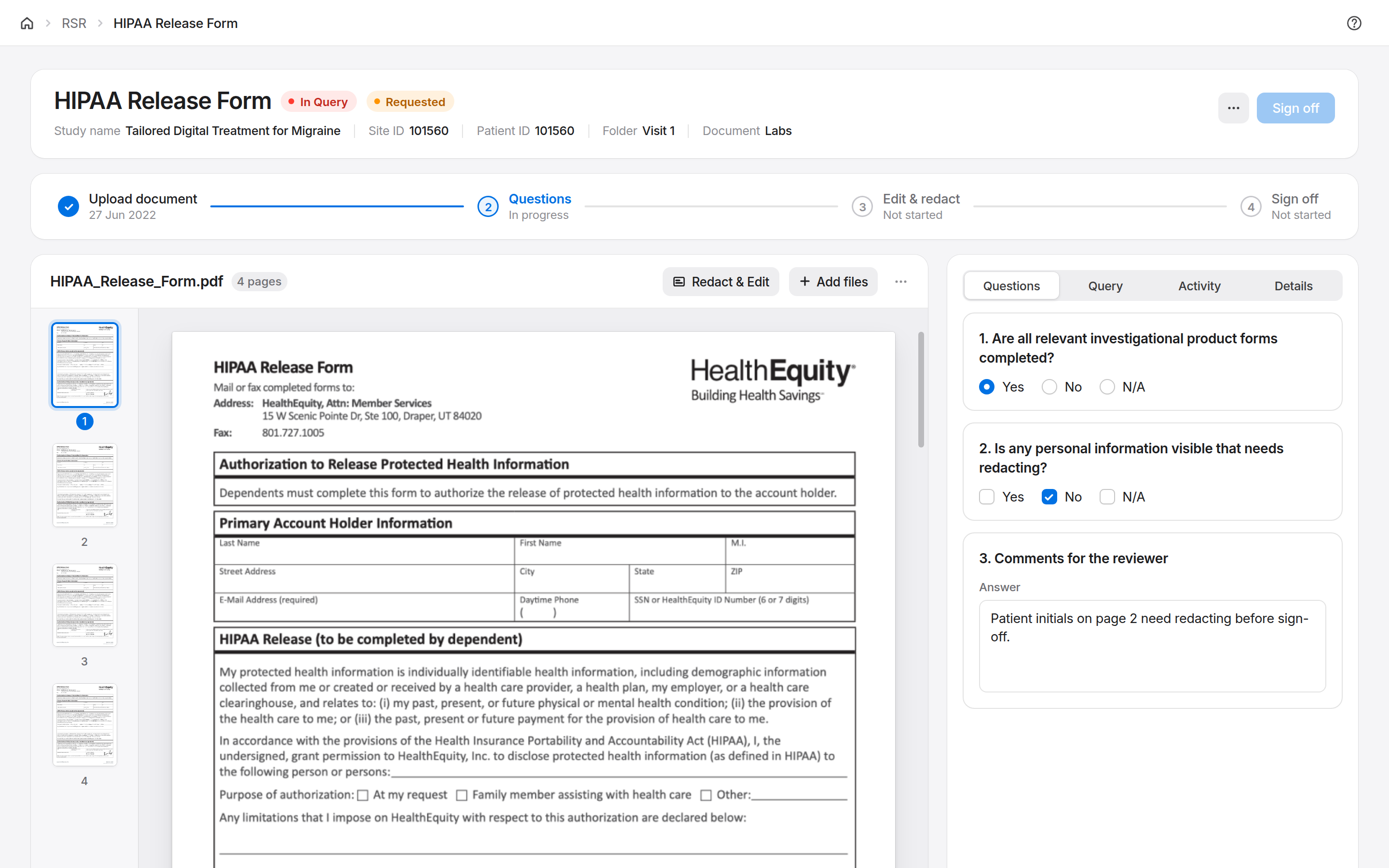 A document open in the viewer with review questions alongside