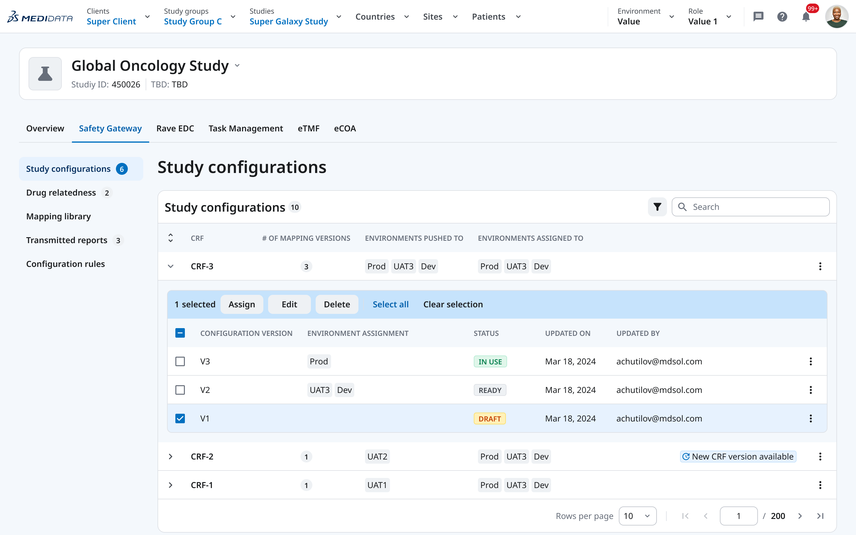 New Study Configurations view — persistent sidebar navigation and expanded CRF versioning table