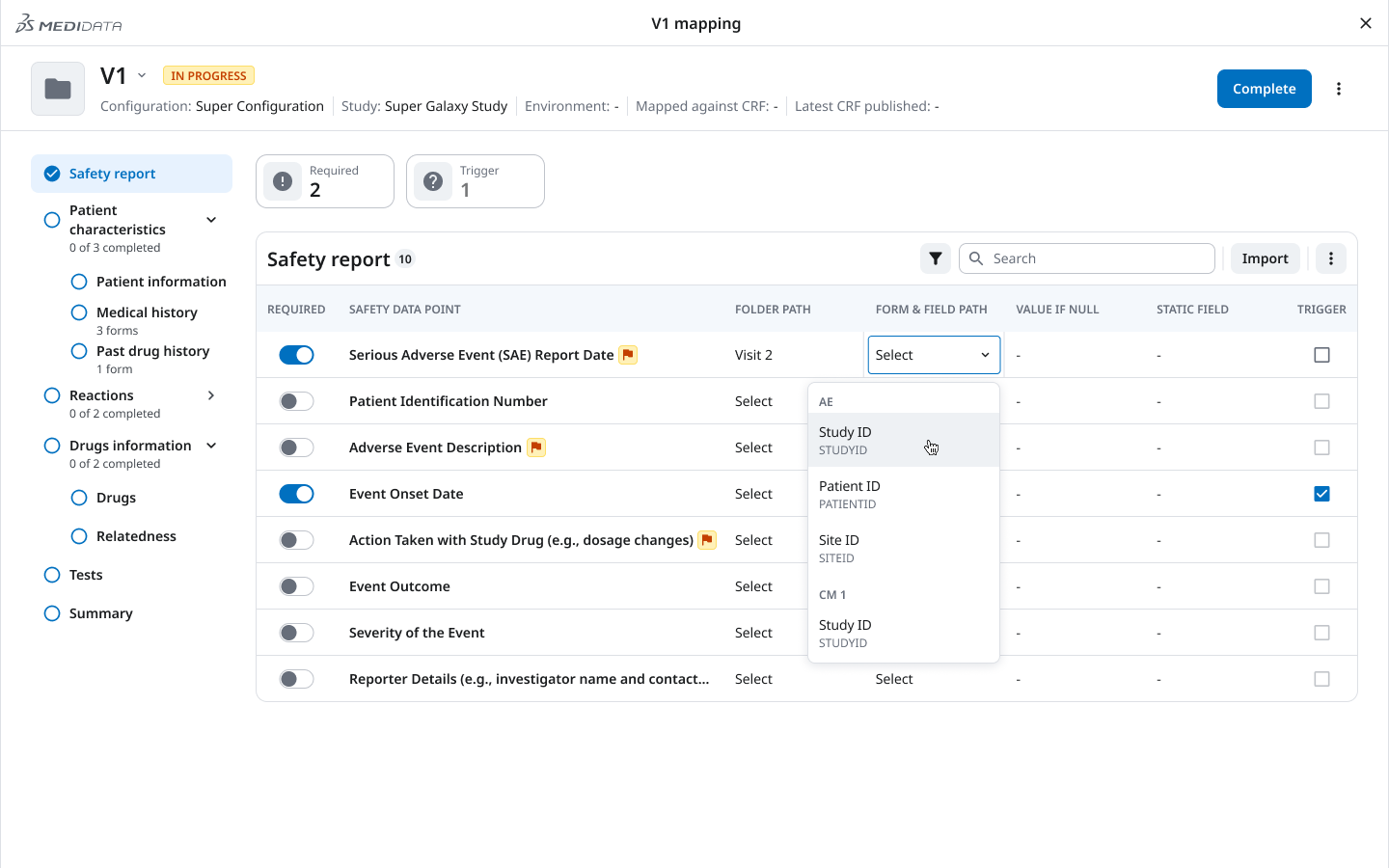 Mapping interface — progress sidebar with per-section completion indicators and field selector dropdown