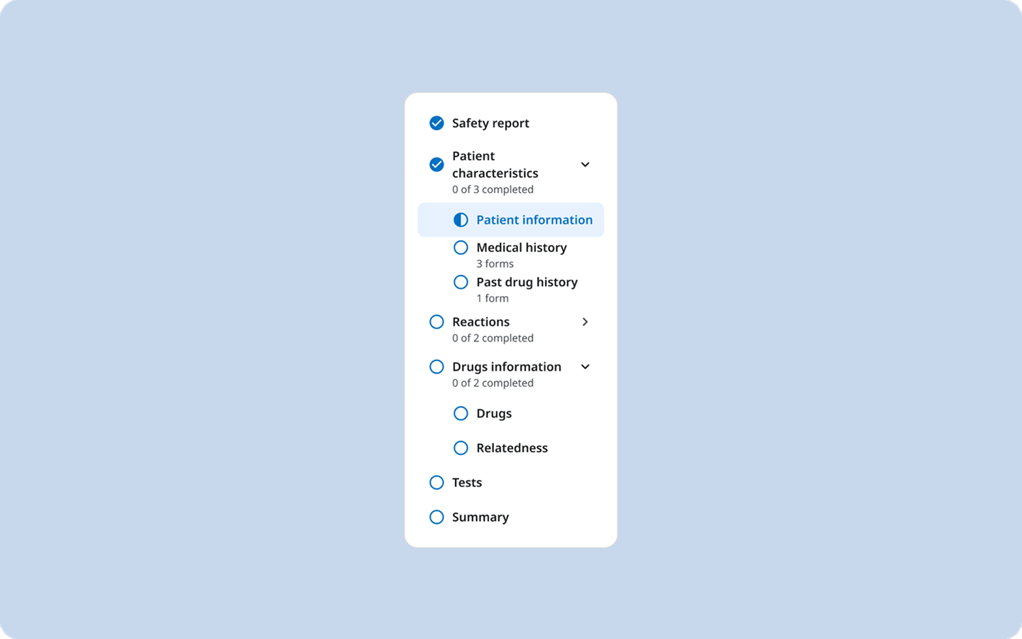 Progress sidebar with per-section completion indicators