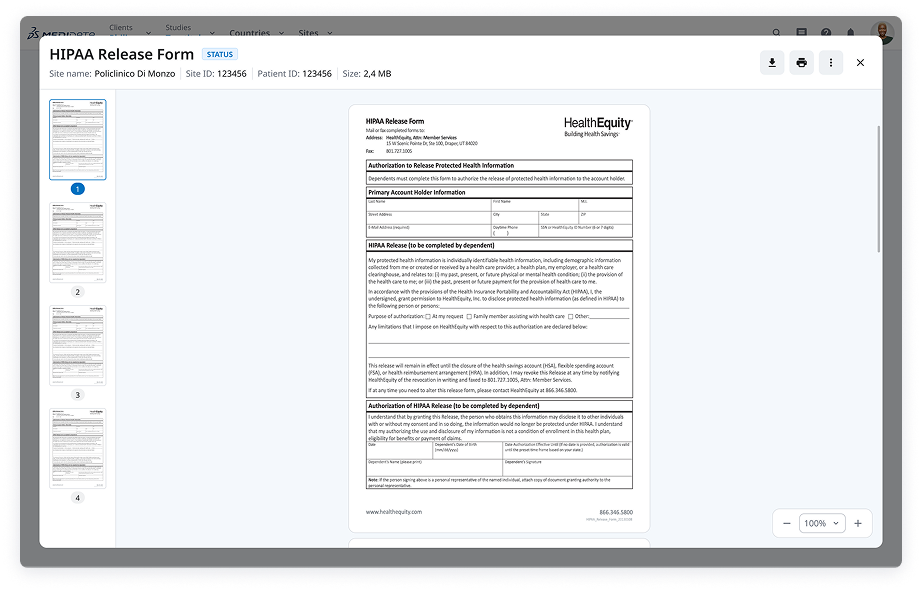 The Viewer Pattern — HIPAA Release Form open on top of the Medidata application, with page thumbnails on the left, document content centred, and download/print/more actions in the header