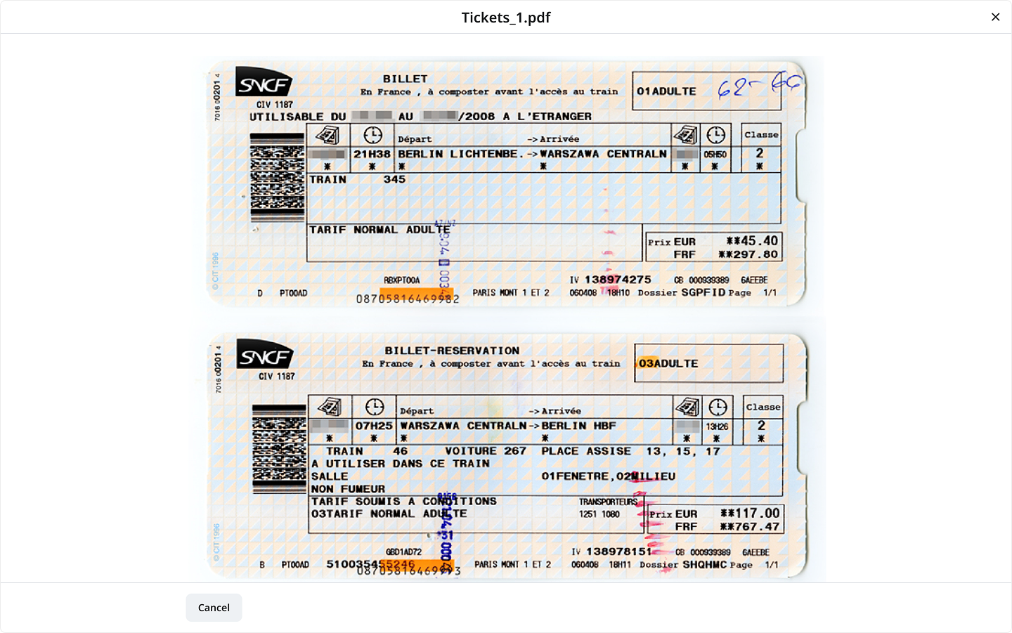 A legacy viewer for scanned tickets, with only a Cancel action
