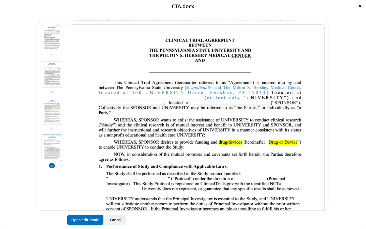 A legacy .docx viewer with an Open edit mode action