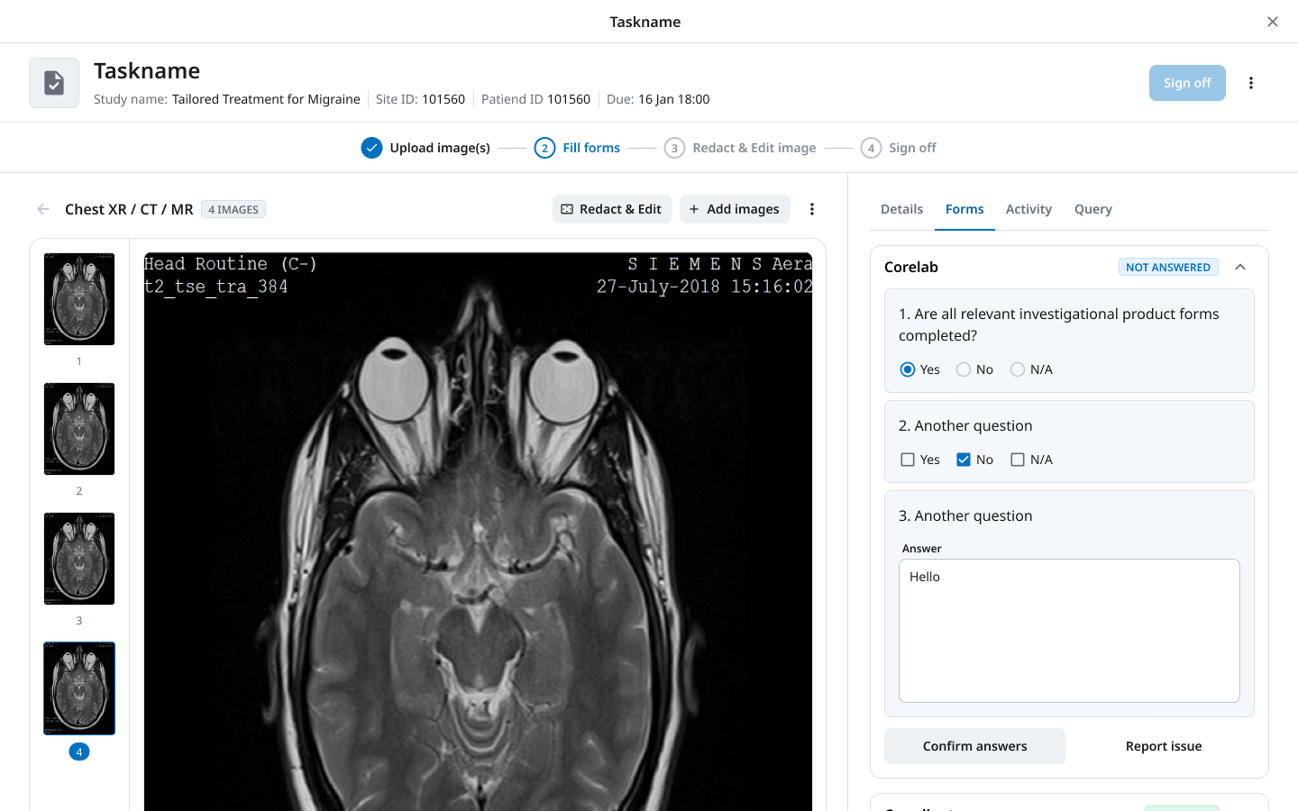 A legacy medical-imaging viewer with a sign-off flow and side forms