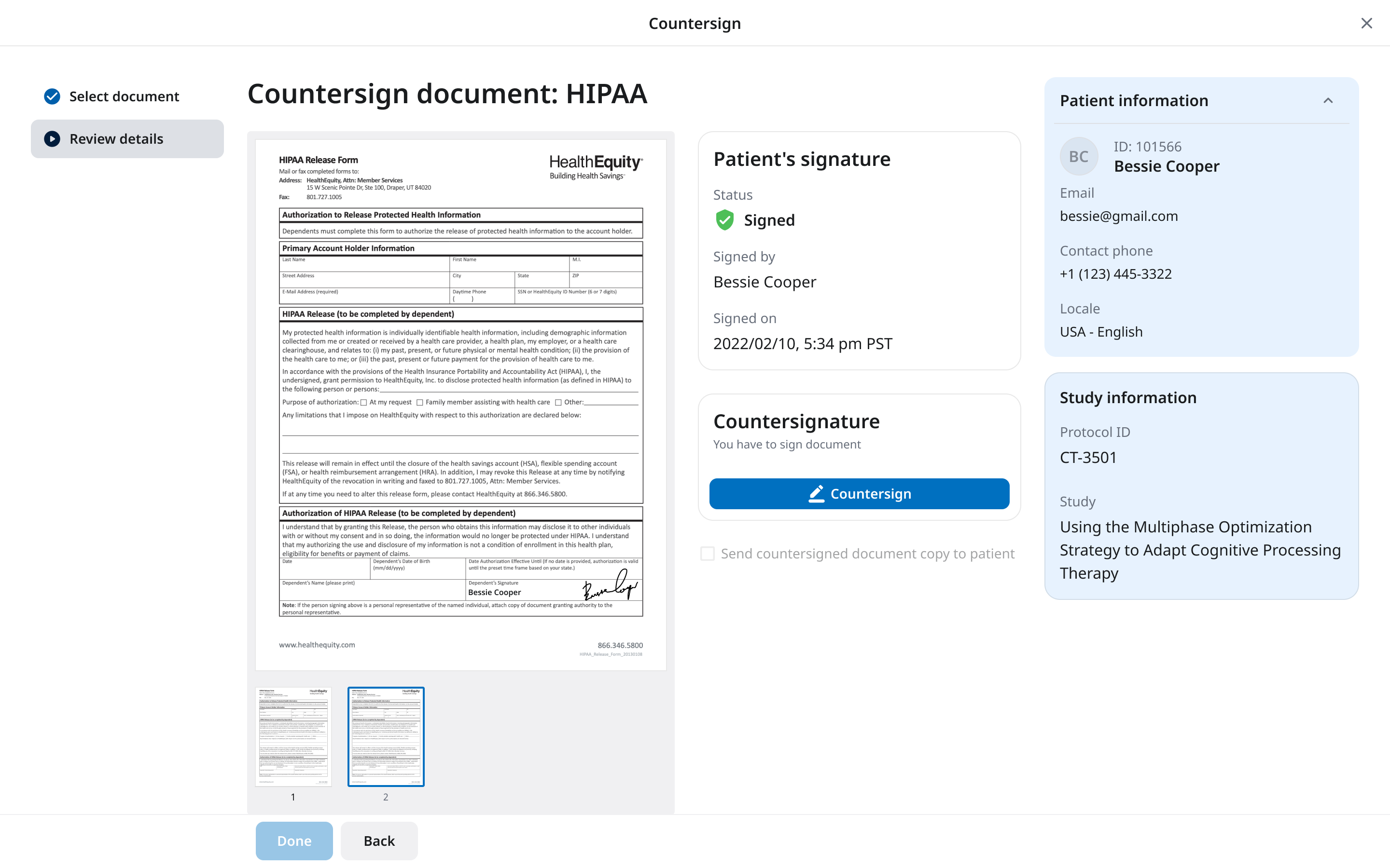 Custom countersign flow — multi-panel layout with patient info, signature status, and page thumbnails