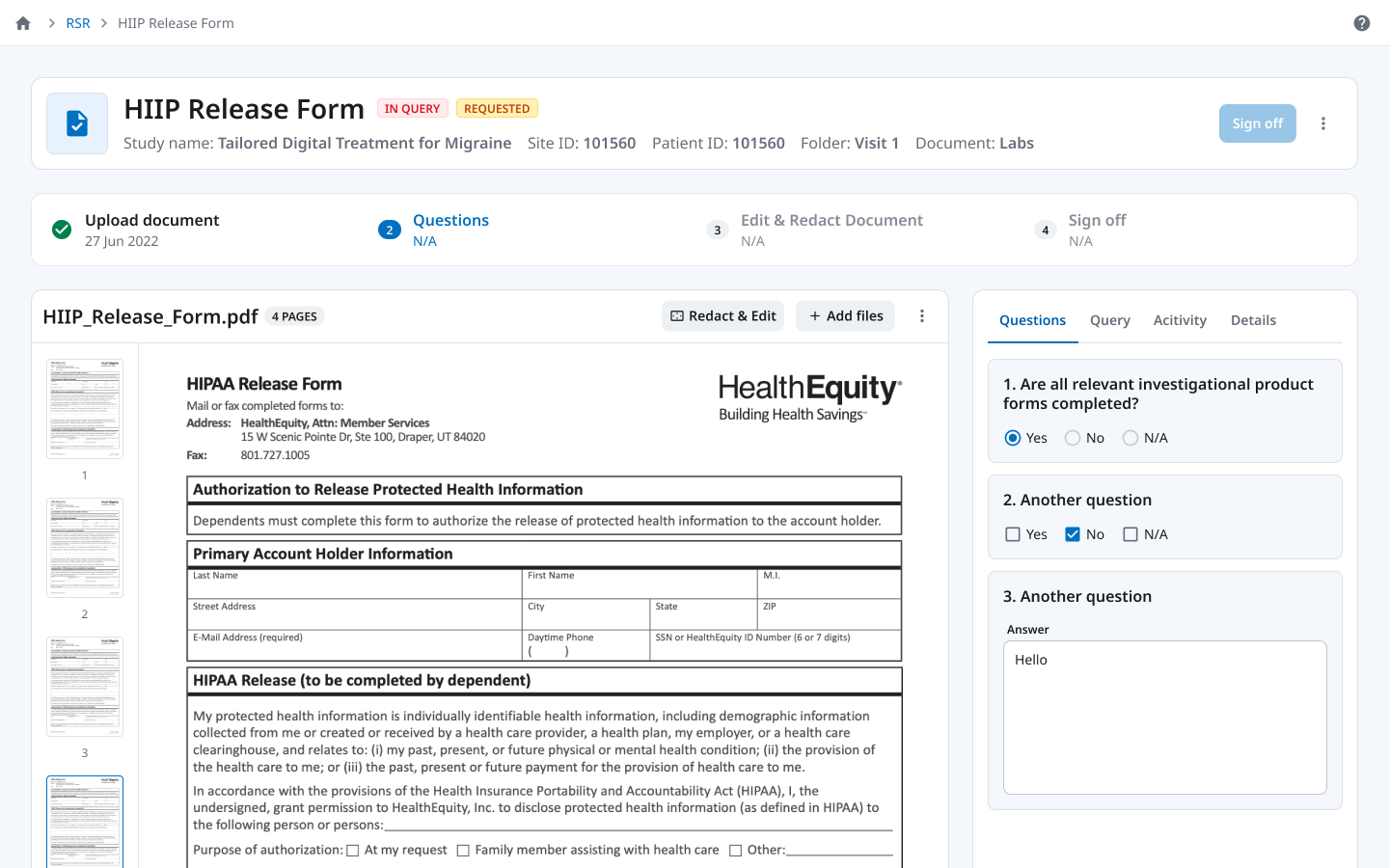 Document viewer with edit intent — left-nav thumbnails, scrollable content, edit trigger