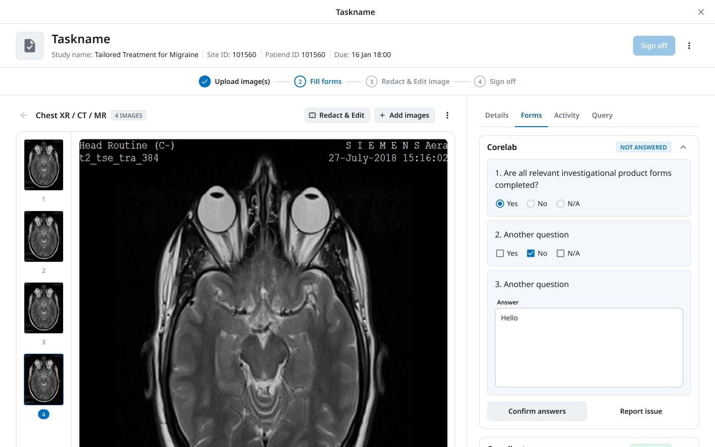 Medical imaging viewer — DICOM filmstrip, full-size preview, and a live form running in parallel