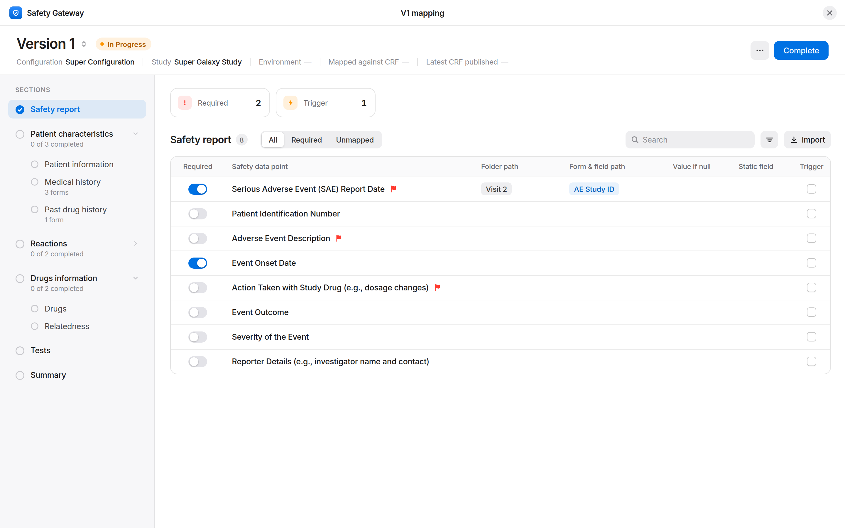 Mapping view with a persistent left sidebar and the Safety report table