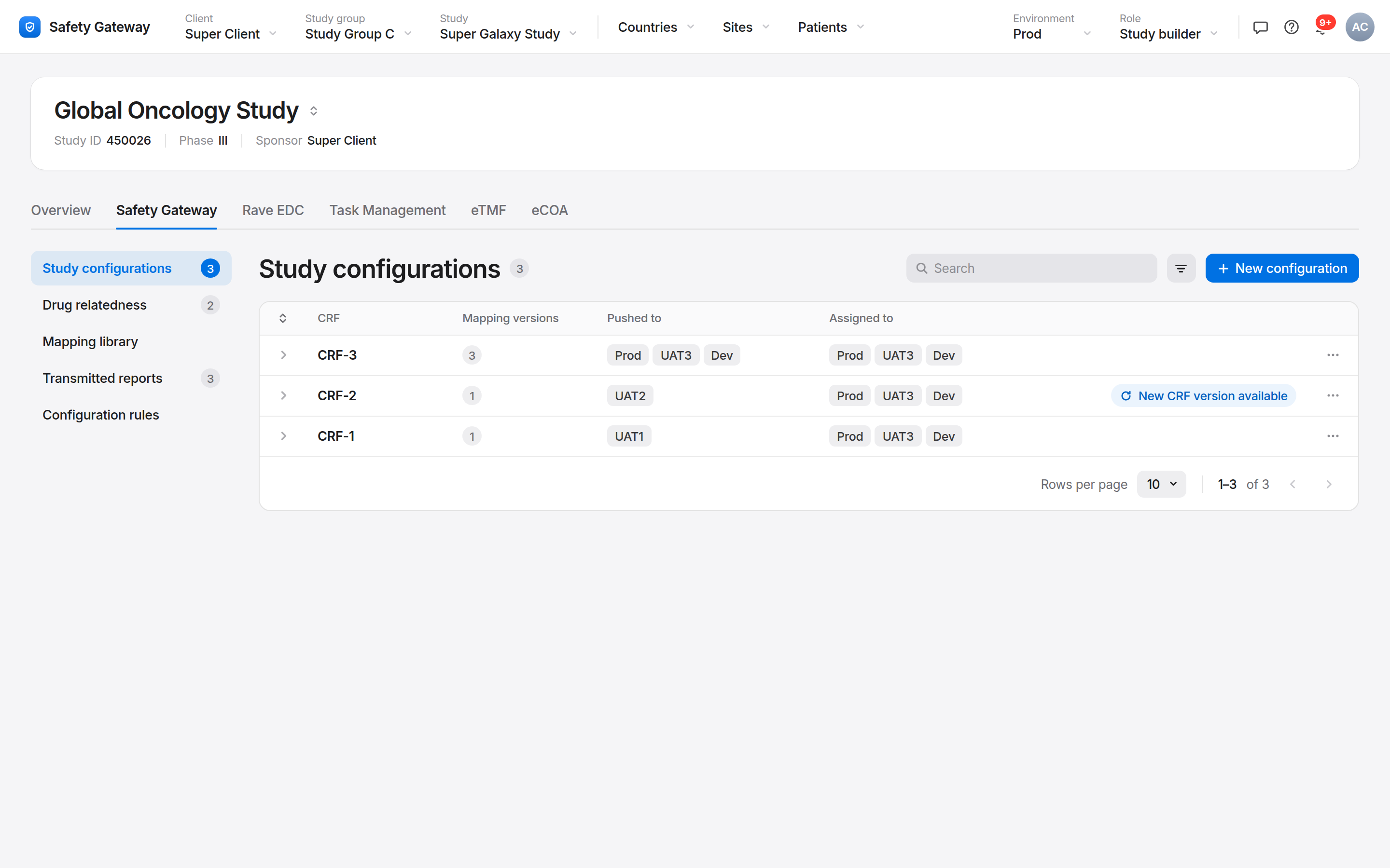 The redesigned study configurations list