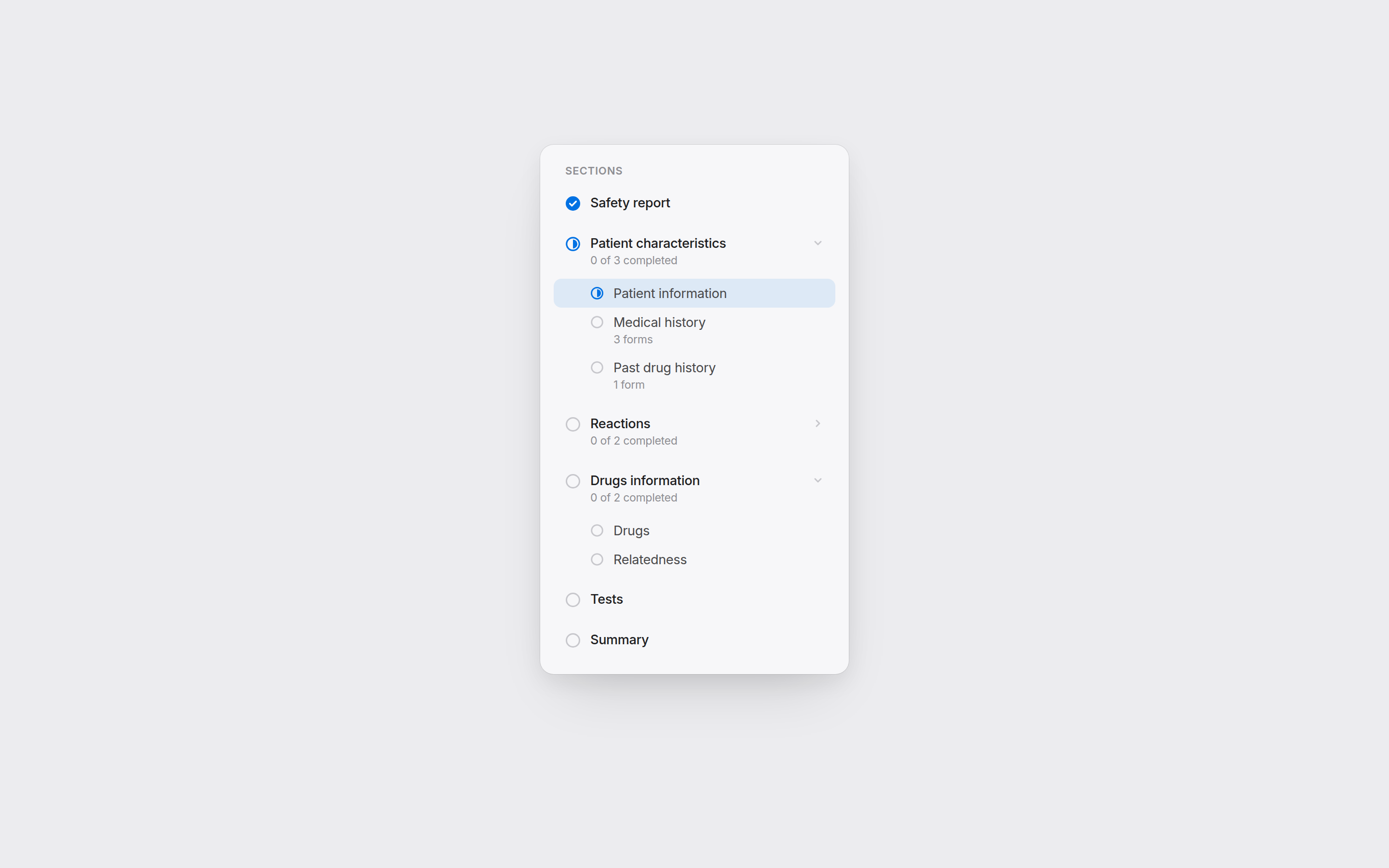 Progress sidebar with per-section completion