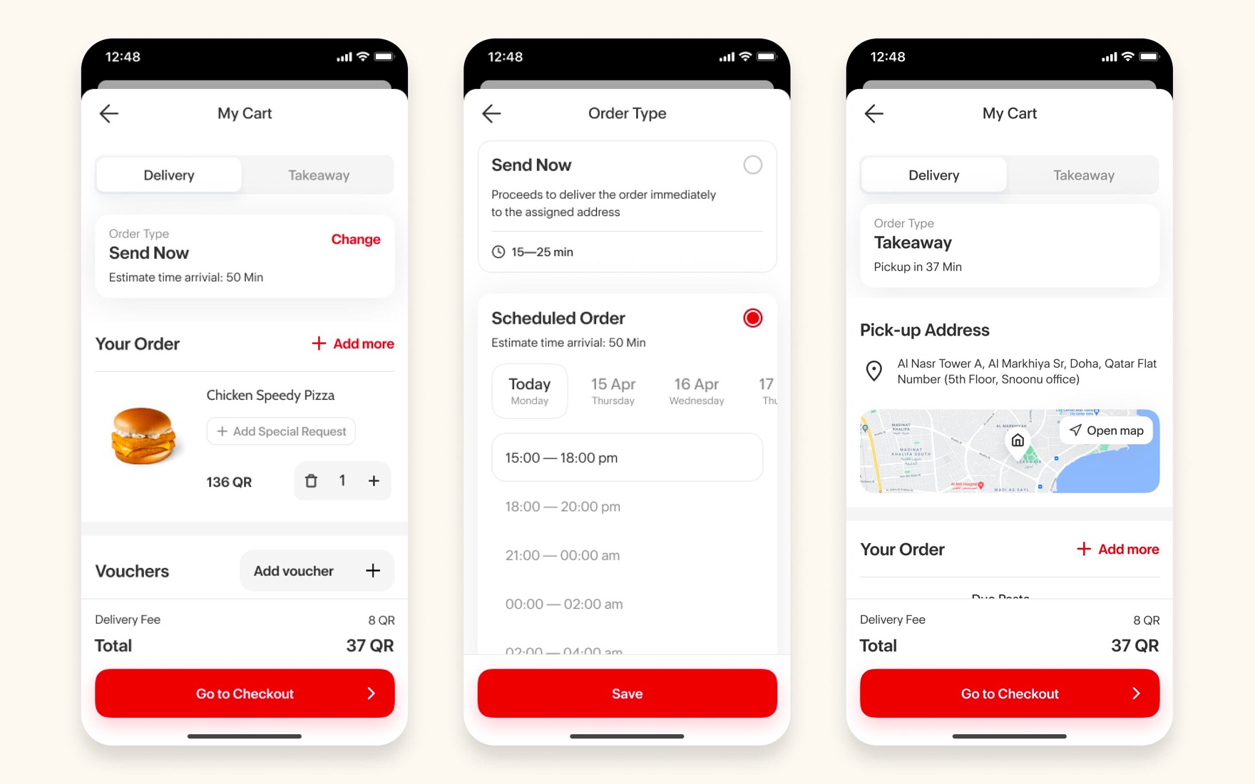 Cart, order-type, and pick-up screens with delivery/takeaway and scheduling options