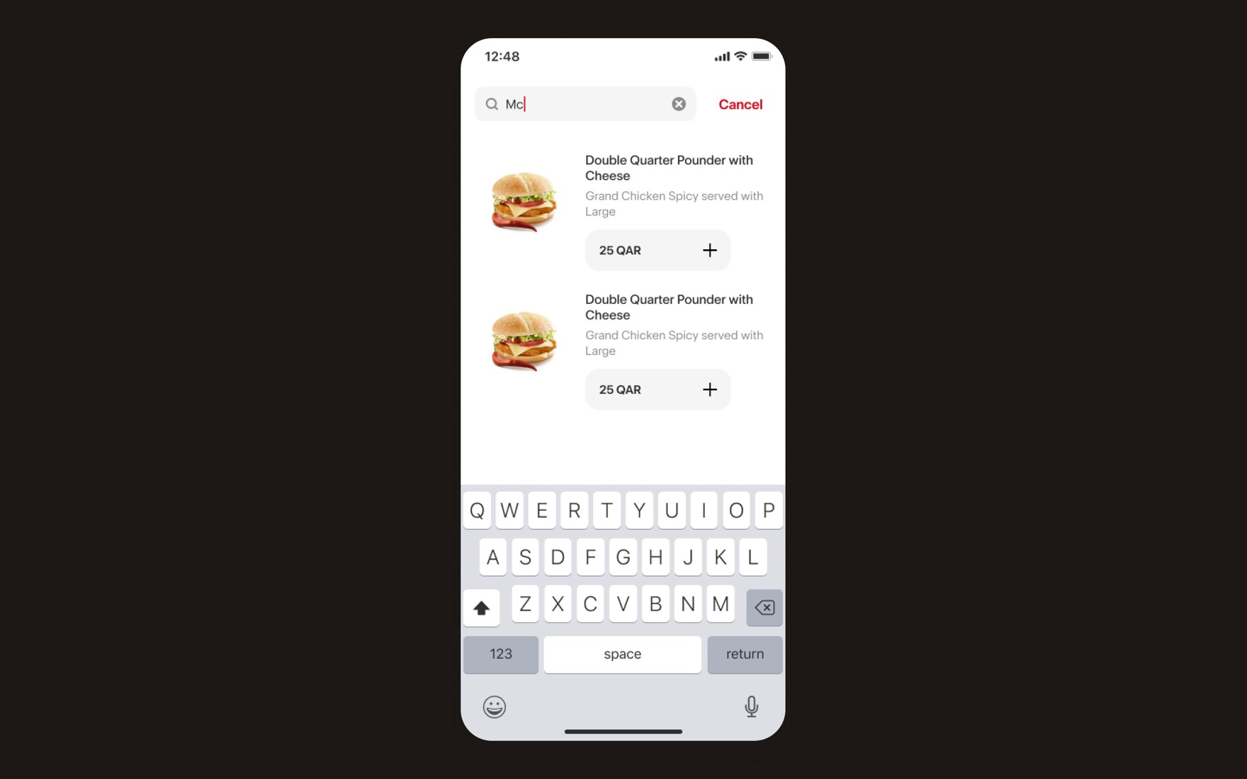 Search results for 'Mc' showing individual dishes with price and an add button