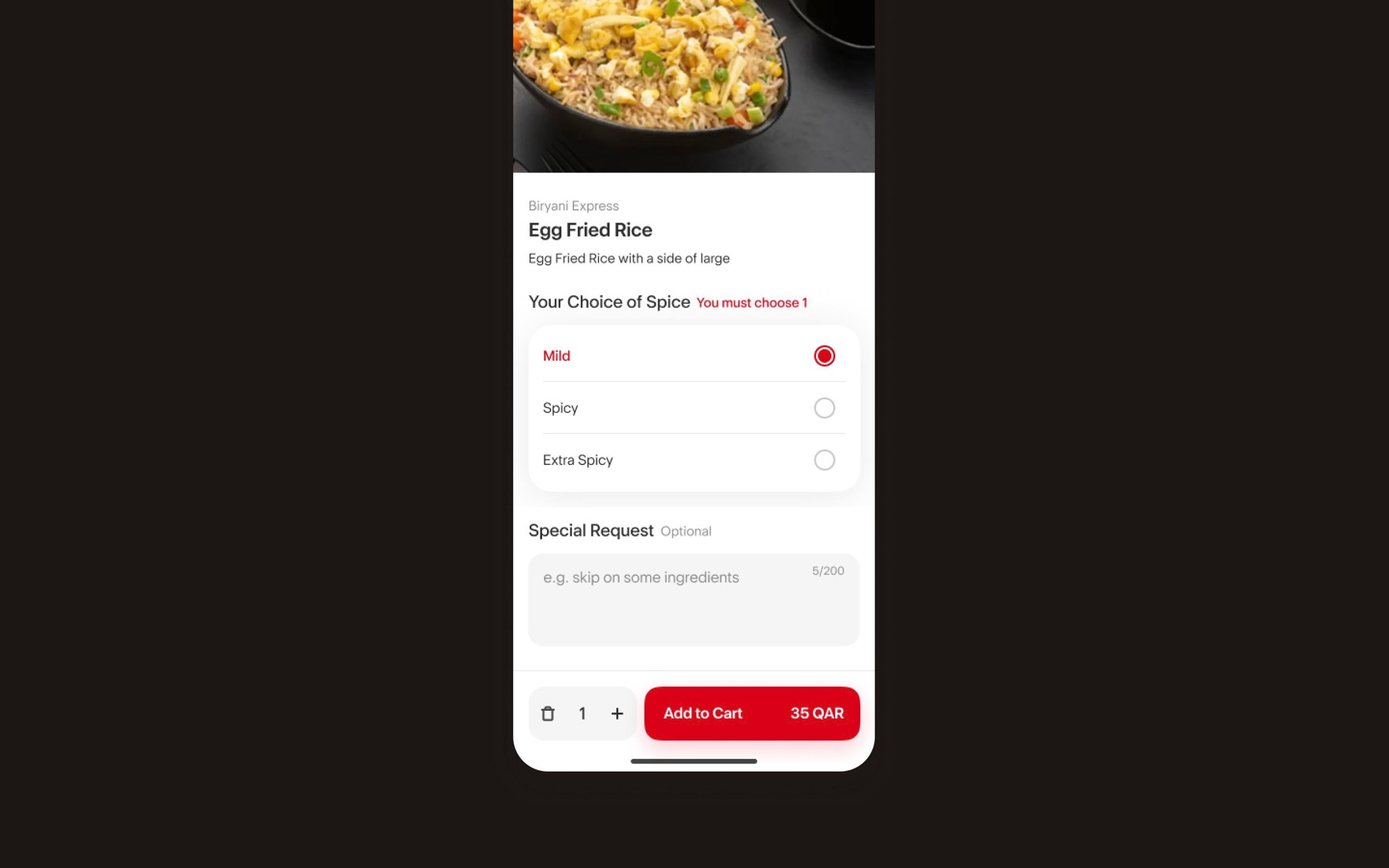 Egg Fried Rice item sheet — required spice choice, optional special request, and a bottom Add to Cart bar