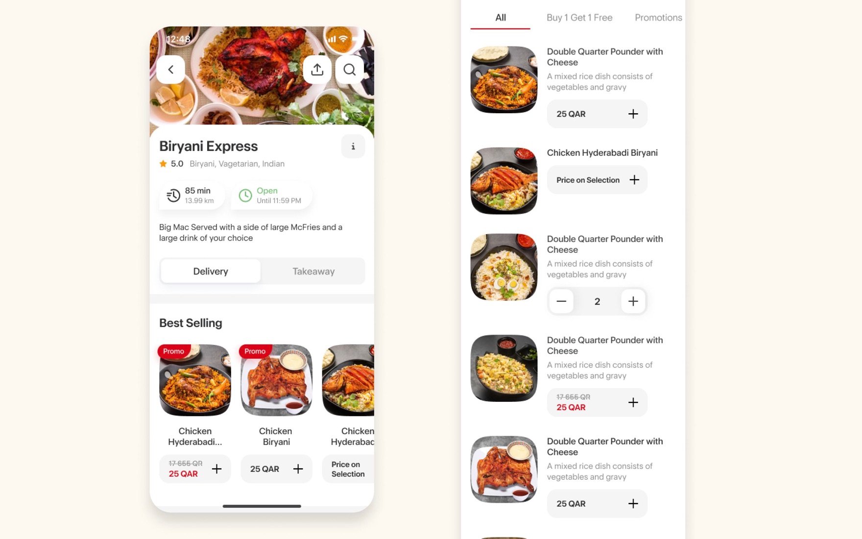 Merchant page for Biryani Express — rating, hours, delivery toggle, and a Best Selling list