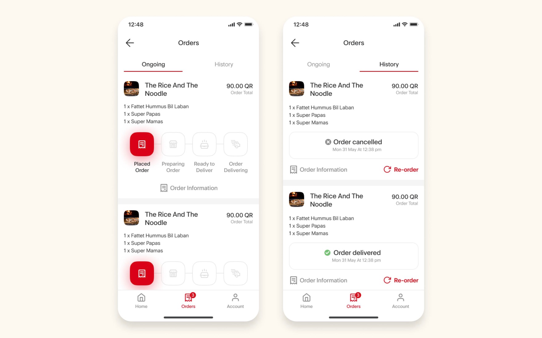 Orders list — Ongoing and History tabs with one-tap Re-order