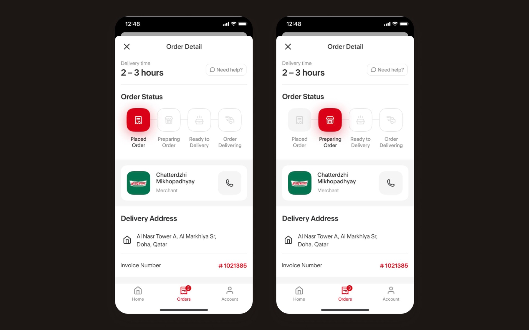 Order detail with a status progress bar — Placed Order and Preparing Order states