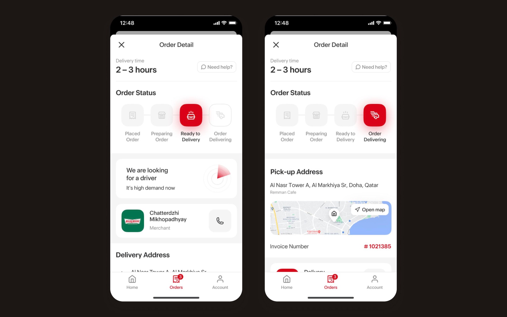 Order detail showing 'looking for a driver' and 'Order Delivering' with a live map