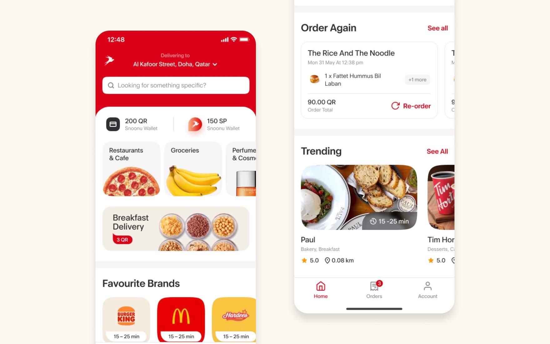 Snoonu home screen — address bar, wallet balance, categories, Order Again and Trending