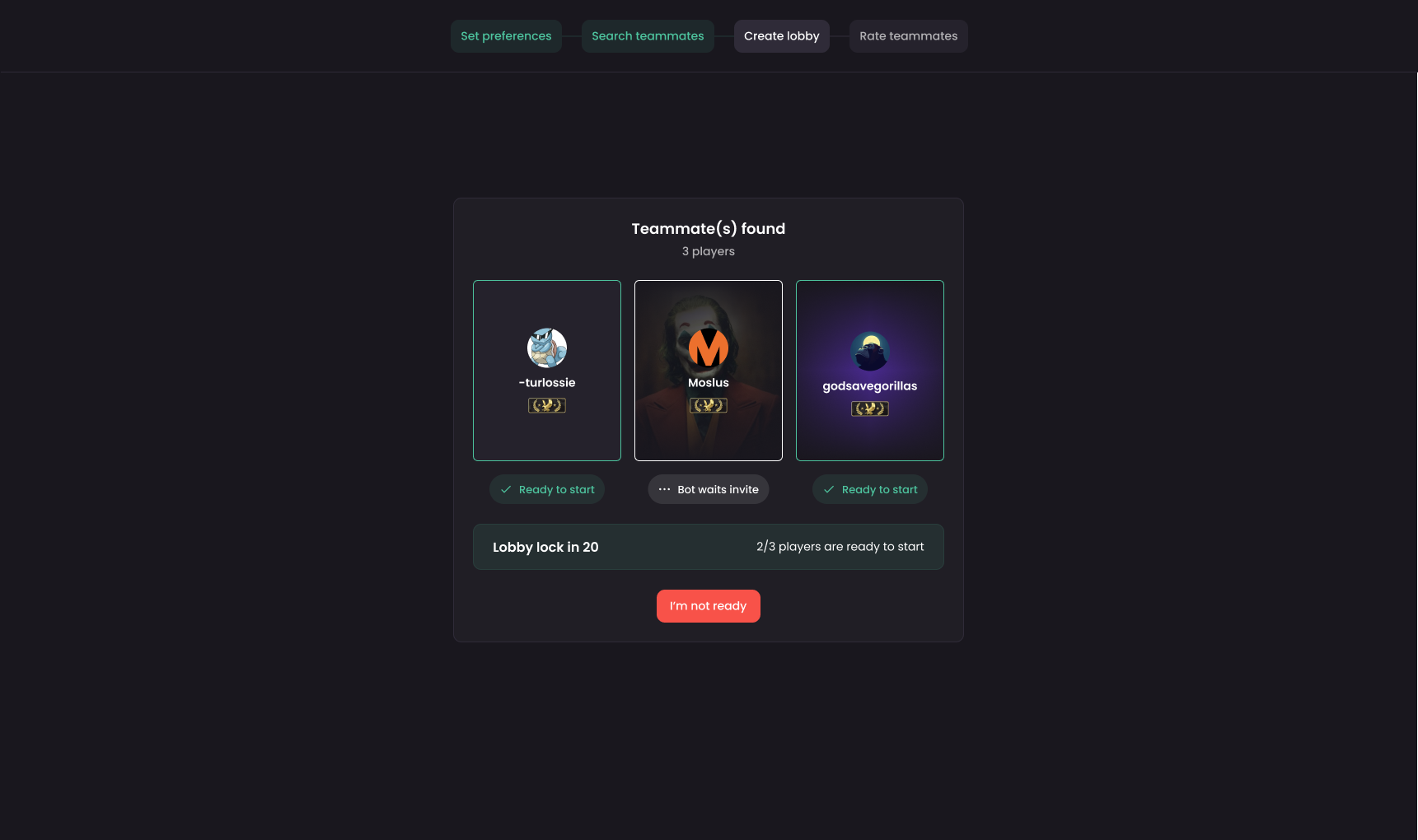 Lobby readiness screen
