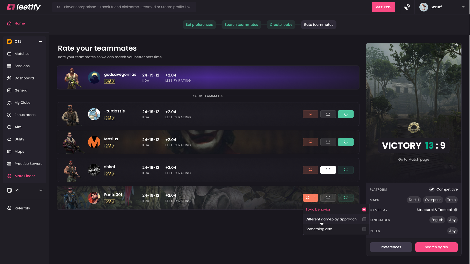 Rate teammates screen